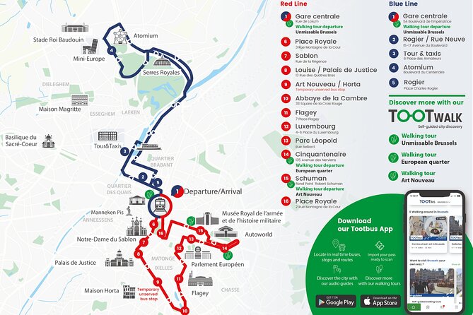 Brussels Tootbus Discovery Hop On Hop Off Bus and walking tours - Luxembourg to Place Royale: the softer, scenic middle act
